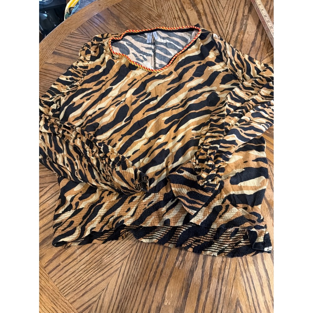 Blank London Tiger Print Smocked Blouse Medium Tan Black Braided Neckline Boho